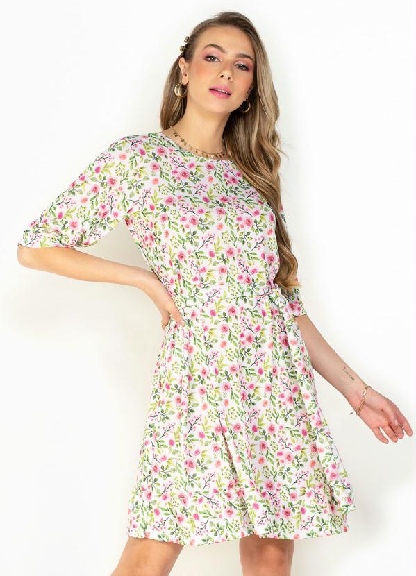 Vestido (Floral Branco) com Faixa para Amarrar