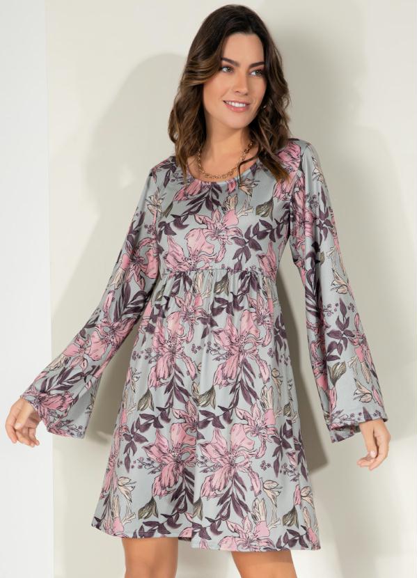 Vestido (Floral Cinza) com Mangas Evas�