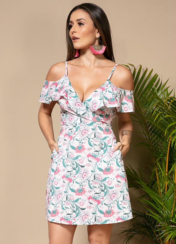 Vestido (Floral Fundo Xadrez) com Babados e Bolsos