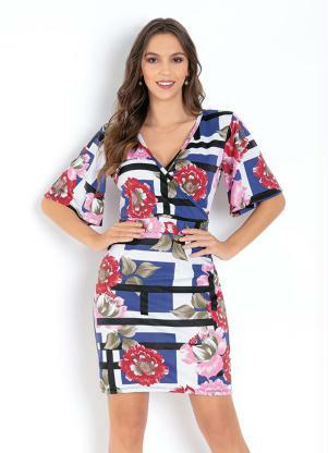 Vestido (Floral Gom�trico) com Mangas Amplas