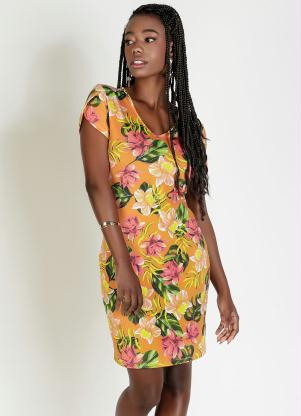 Vestido (Floral Laranja) com Manga Tulipa