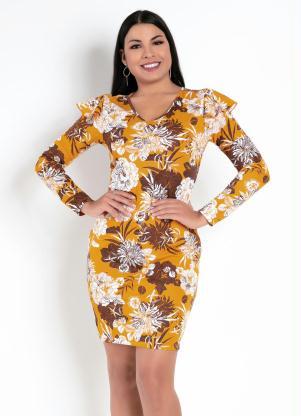 Vestido (Floral Mostarda) com Babado nos Ombros