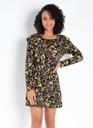 Vestido (Floral Preto) com Detalhe nas Mangas