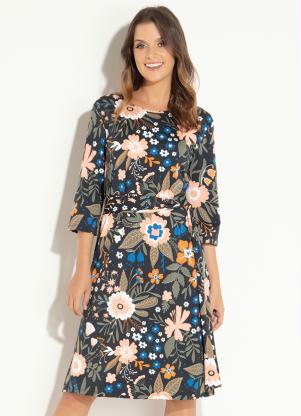 Vestido (Floral Preto) com Faixa na Cintura