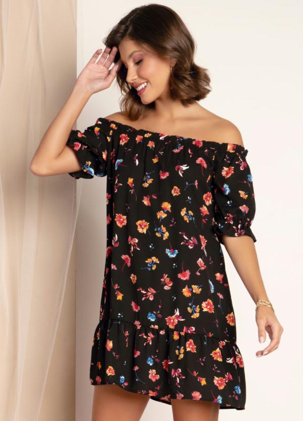 Vestido (Floral Preto) com Mangas Formando Babados Vestido (Floral Preto) com Mangas Formando Babados