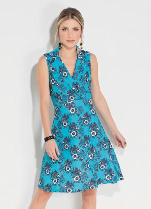 Vestido (Floral Turquesa) com Gola no Decote