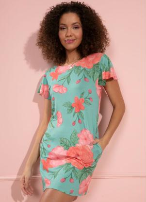 Vestido (Floral Verde) com Mangas Evas� e Bolsos