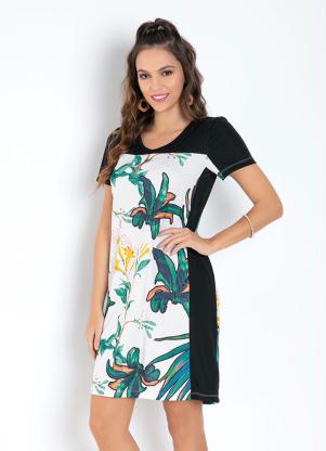 Vestido (Folhagem) com Recortes e Mangas Curtas