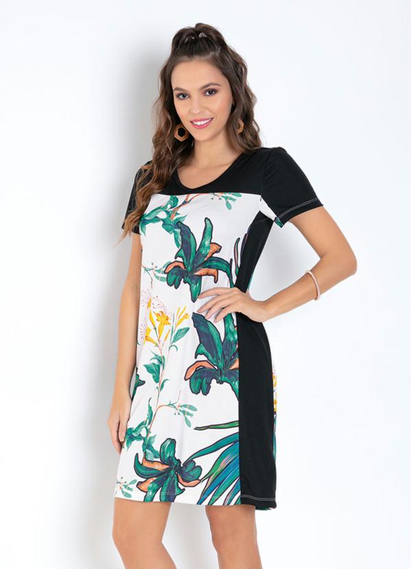 Vestido (Folhagem) com Recortes e Mangas Curtas