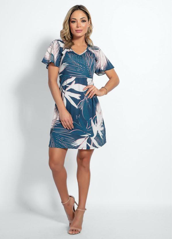Vestido (Folhas Marinho) com Manga em Babado