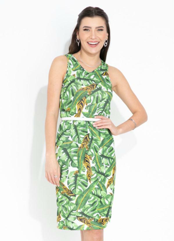 Vestido (Folhas Verde) Decote V Moda Evang�lica