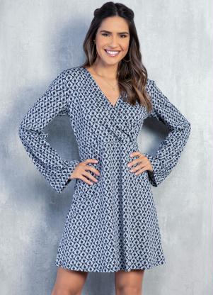 Vestido (Geométrico Azul) Curto com Mangas Longas Vestido (Geométrico Azul) Curto com Mangas Longas