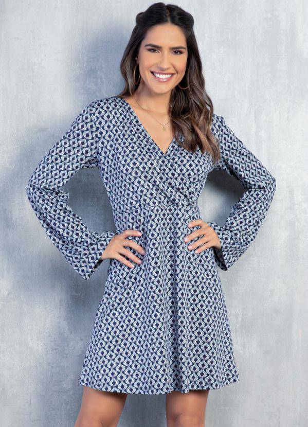 Vestido (Geométrico Azul) Curto com Mangas Longas Vestido (Geométrico Azul) Curto com Mangas Longas