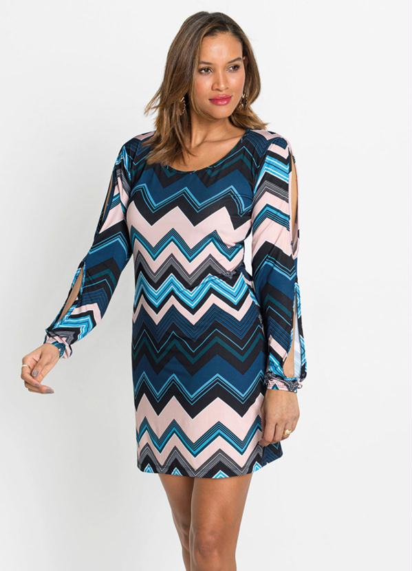 Vestido Geométrico Mangas Recorte Vazado (Azul) Vestido Geométrico Mangas Recorte Vazado (Azul)