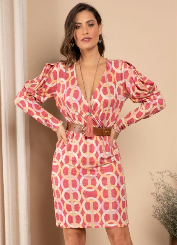 Vestido (Geom�trico Rosa) com Abertura nas Mangas