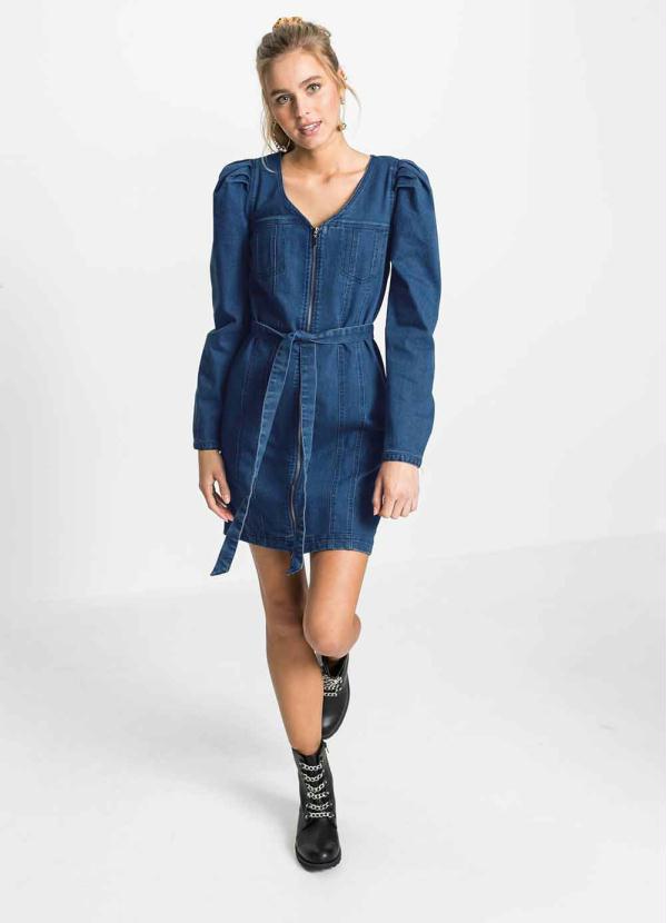 Vestido Jeans com Z�per Manga Longa (Azul)
