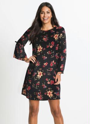 Vestido Laços nas Mangas Estampado (Floral Preto) Vestido Laços nas Mangas Estampado (Floral Preto)