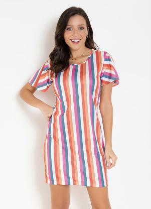 Vestido (Listra Color) com Manga em Babado Vestido (Listra Color) com Manga em Babado