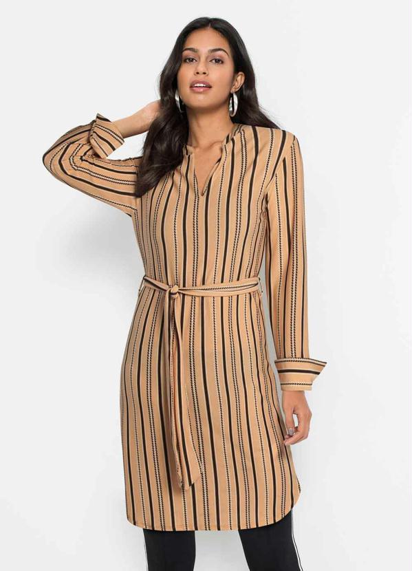 Vestido Listrado com Faixa (Bege)