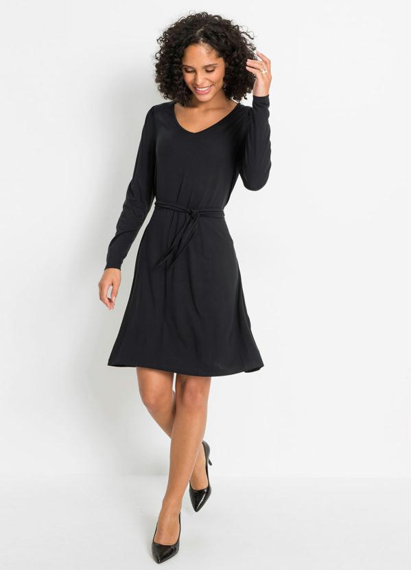 Vestido Mangas Longas com Faixa Pra Amarrar (Preto