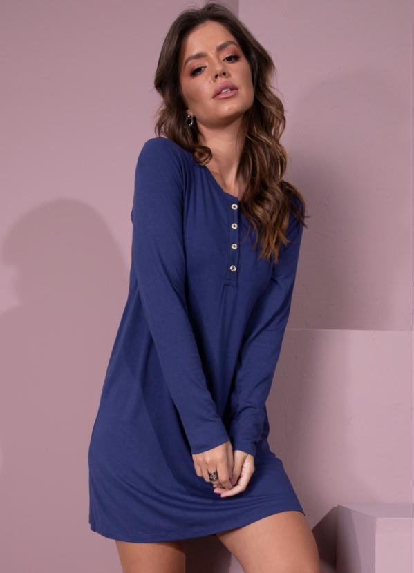 Vestido (Marinho) com Botões no Decote Vestido (Marinho) com Botões no Decote