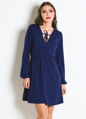 Vestido (Marinho) com Mangas Longas e Amarra��o