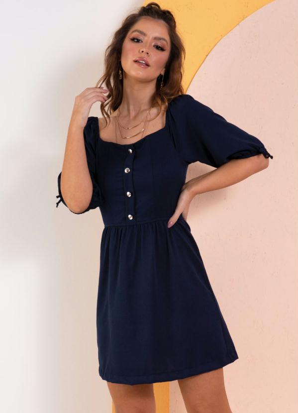 Vestido (Marinho) Decote Reto com Mangas Bufantes Vestido (Marinho) Decote Reto com Mangas Bufantes