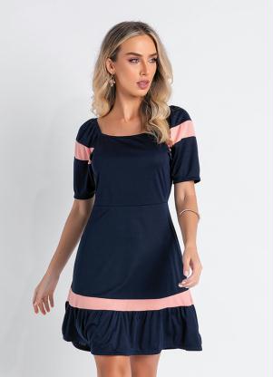 Vestido (Marinho e Rosa) com Manga 3/4 Vestido (Marinho e Rosa) com Manga 3/4