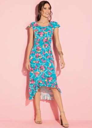 Vestido no Joelho (Floral Azul) com Babado Vestido no Joelho (Floral Azul) com Babado
