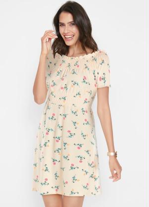 Vestido Ombro a Ombro Franzido (Floral Bege)