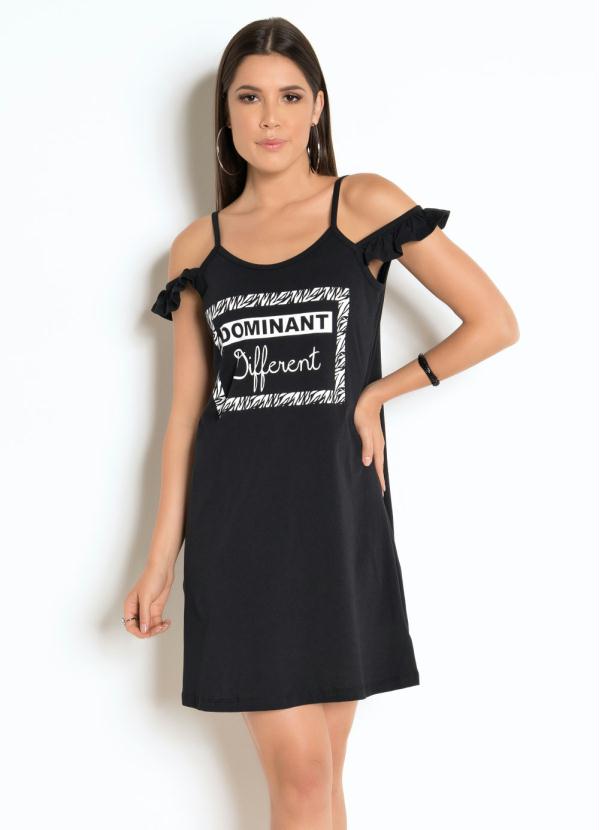 Vestido (Preto) com Al�as em Babado e Estampa