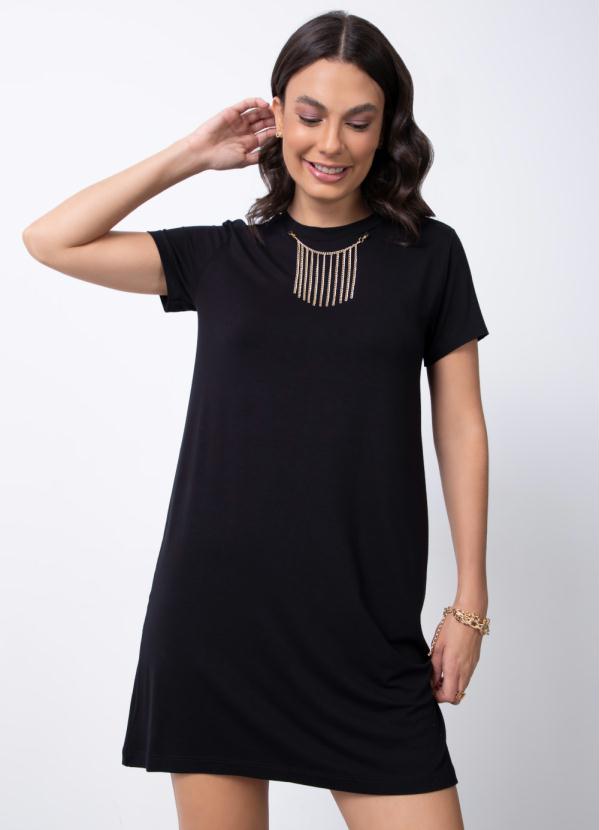 Vestido (Preto) com Colar de Franja Removível Vestido (Preto) com Colar de Franja Removível