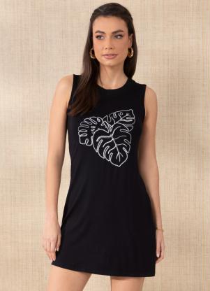 Vestido (Preto) com Retil�nea e Bordado