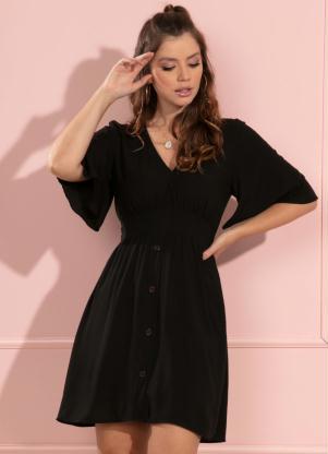 Vestido (Preto) Decote V com Bot�es