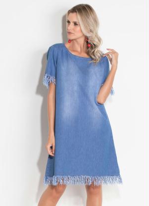 Vestido Quintess (Jeans Claro) com Desfiado Vestido Quintess (Jeans Claro) com Desfiado