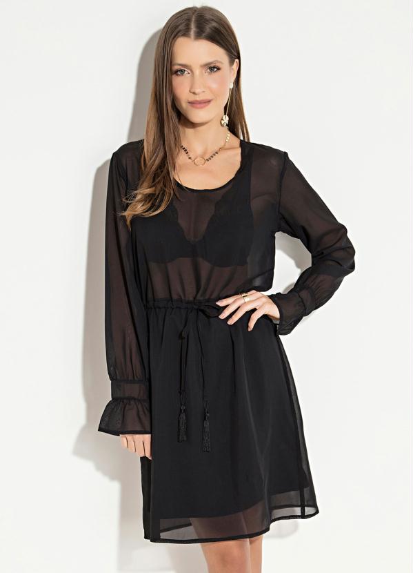Vestido Quintess (Preto) em Chiffon Mangas Longas