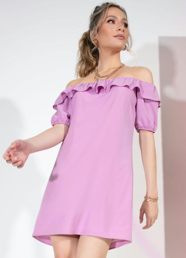 Vestido (Rosa) Ombro a Ombro com Babado no Decote