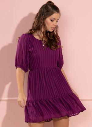 Vestido (Roxo) Decote Canoa com Mangas Bufantes