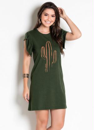 Vestido (Verde Militar)Com Babado e Estampa Cactos