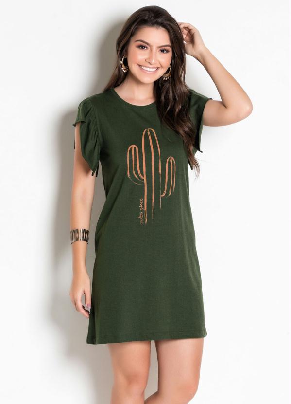 Vestido (Verde Militar)Com Babado e Estampa Cactos
