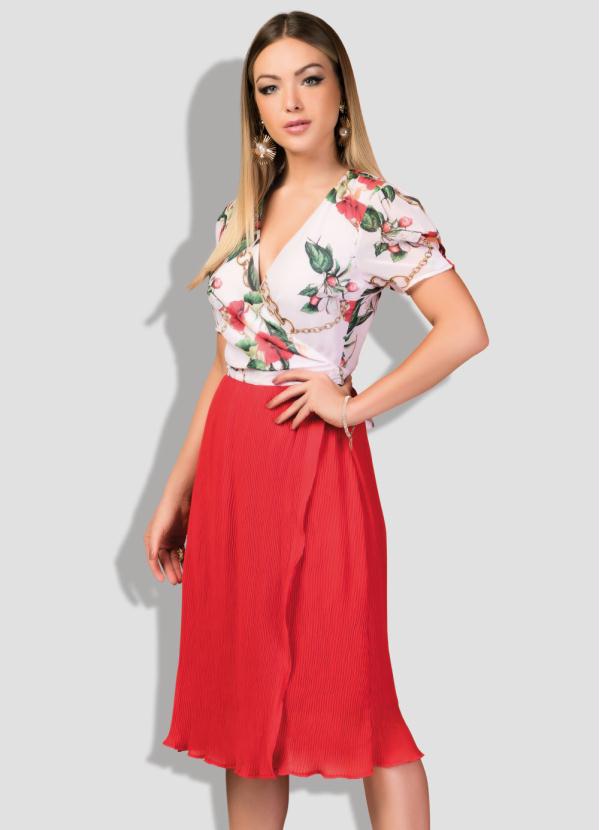 Vestido (Floral) Tanspassado com Saia Plissada