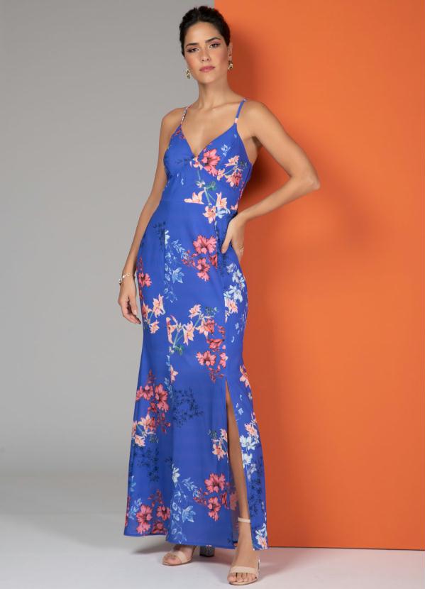 vestido longo azul floral