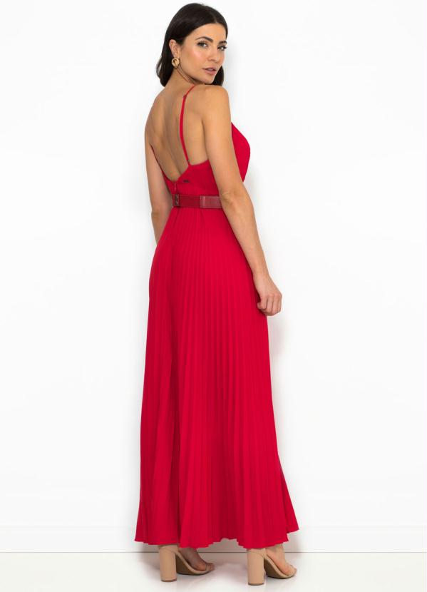vestido plissado longo vermelho