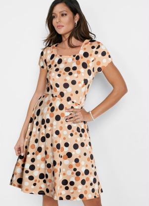 Vestido Decote Quadrado Manga Curta (Poá Bege) Vestido Decote Quadrado Manga Curta (Poá Bege)