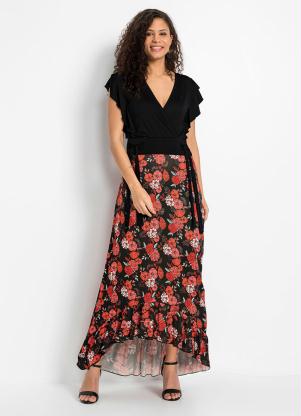 Vestido Decote Transpassado e Babado (Floral Dark) Vestido Decote Transpassado e Babado (Floral Dark)