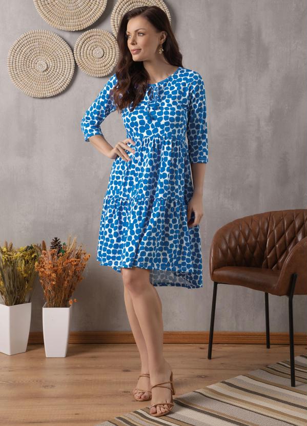 Vestido Estampado Mangas 3/4 (Azul/Branco) Vestido Estampado Mangas 3/4 (Azul/Branco)