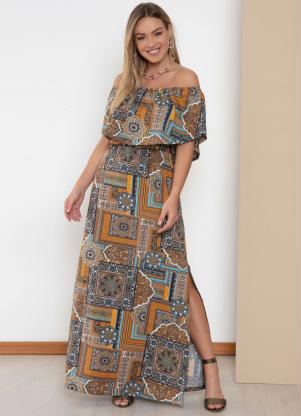 Vestido (Azulejo Marrom) com Fenda e Bolsos