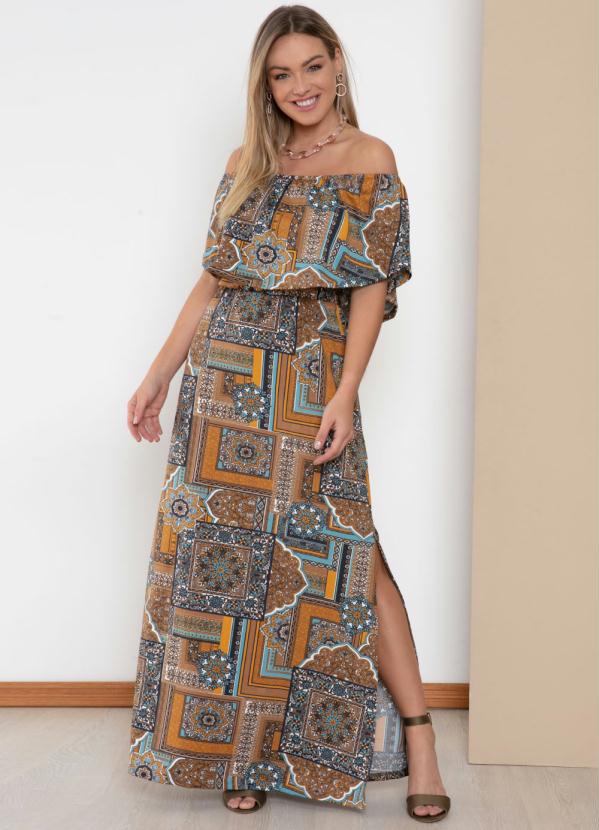 Vestido (Azulejo Marrom) com Fenda e Bolsos