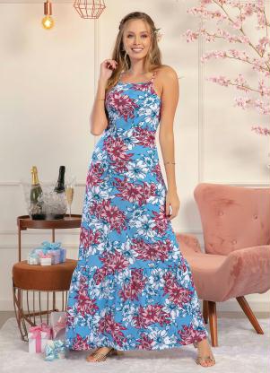 Vestido com Babado na Barra (Floral Azul)