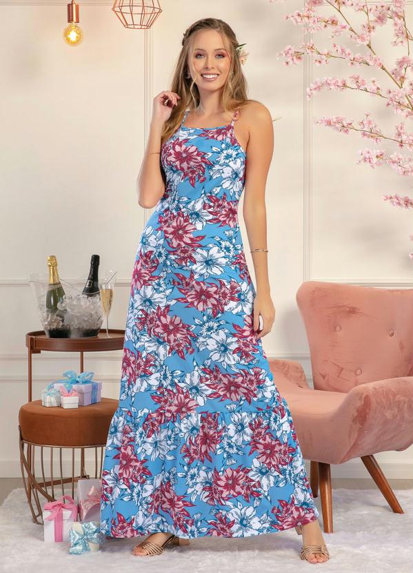 Vestido com Babado na Barra (Floral Azul)